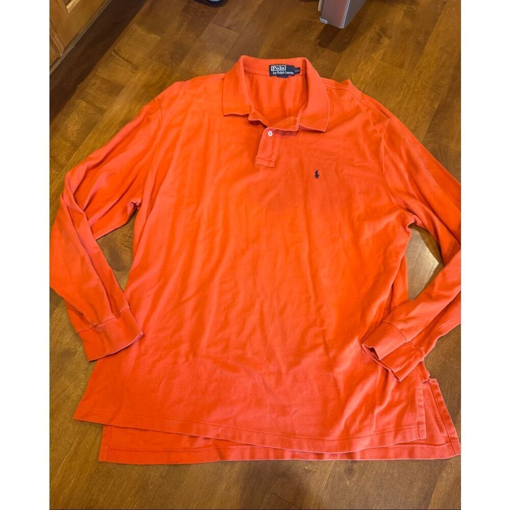 Vintage Polo Ralph Lauren Long Sleeve Polo Shirt Orange Cotton Pony Logo XXL